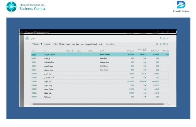 Business Central customer list shown in Arabic